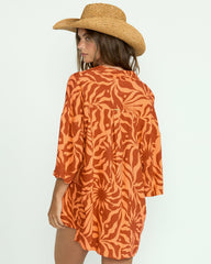 Beach Side Printed Short Sleeve Shirt - Orange Squeeze