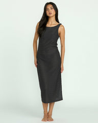 Eyelet Sun Midi Dress Beach Coverup - Off Black