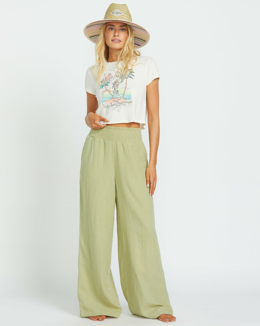 New Waves Gauze Elastic Waist Pants - Avocado