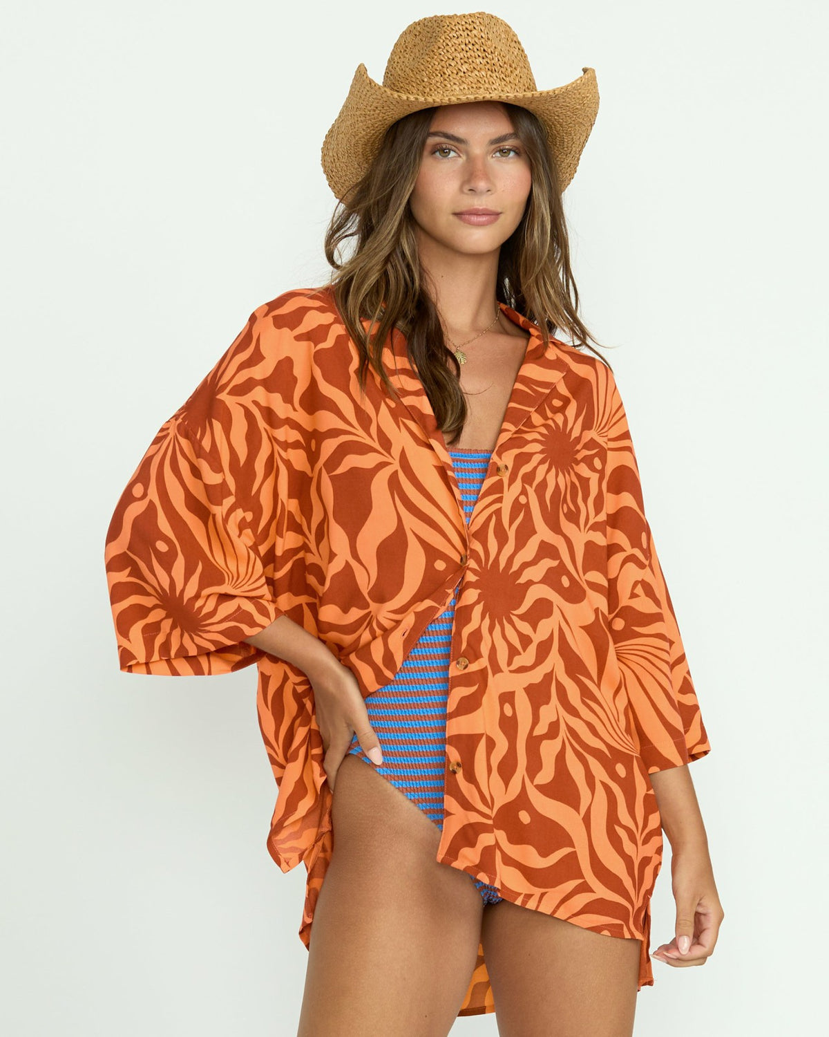 Beach Side Printed Short Sleeve Shirt - Orange Squeeze