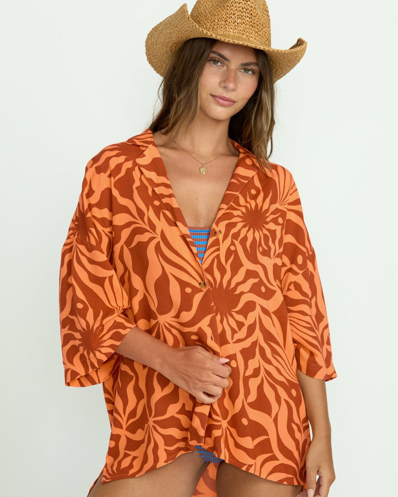 Beach Side Printed Short Sleeve Shirt - Orange Squeeze