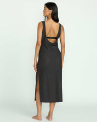 Eyelet Sun Midi Dress Beach Coverup - Off Black