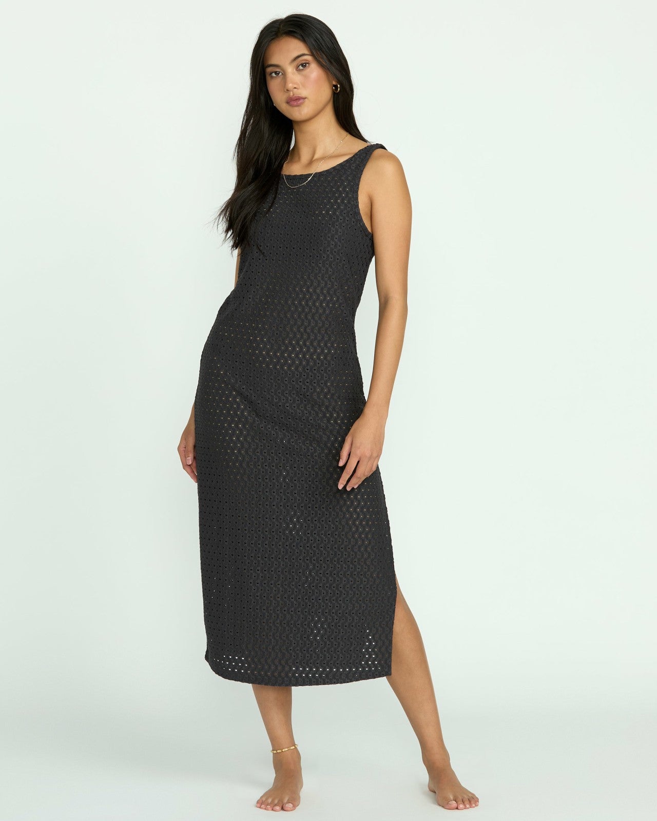 Eyelet Sun Midi Dress Beach Coverup - Off Black
