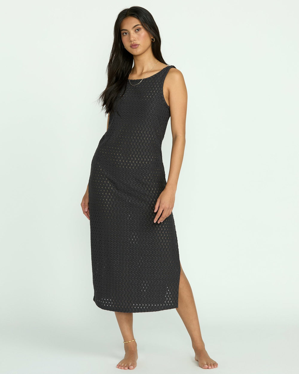 Eyelet Sun Midi Dress Beach Coverup - Off Black