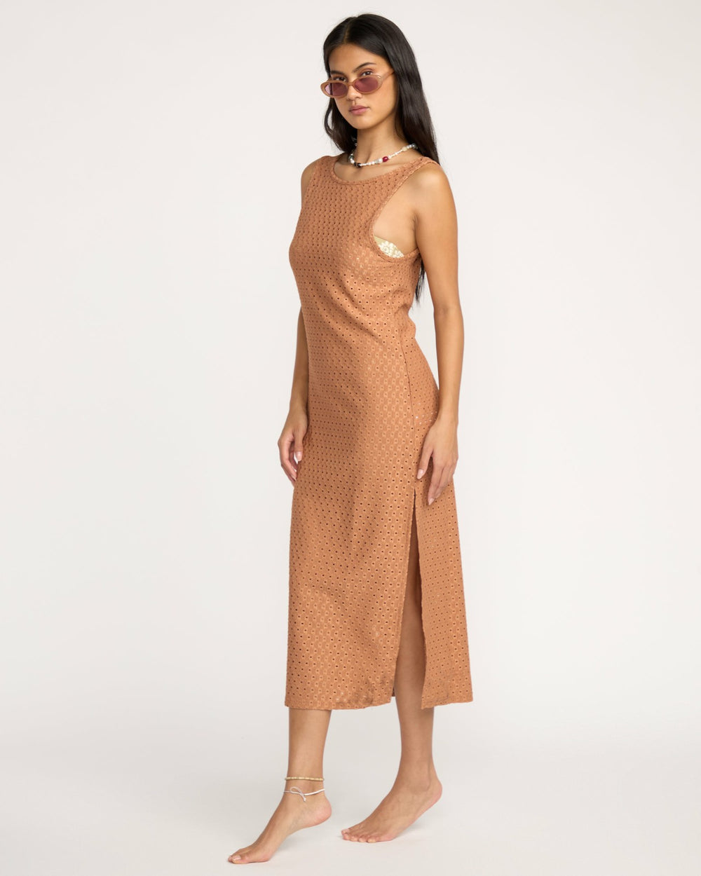 Eyelet Sun Midi Dress Beach Coverup - Rose Brown