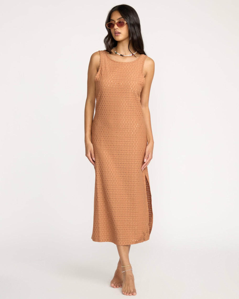 Eyelet Sun Midi Dress Beach Coverup - Rose Brown