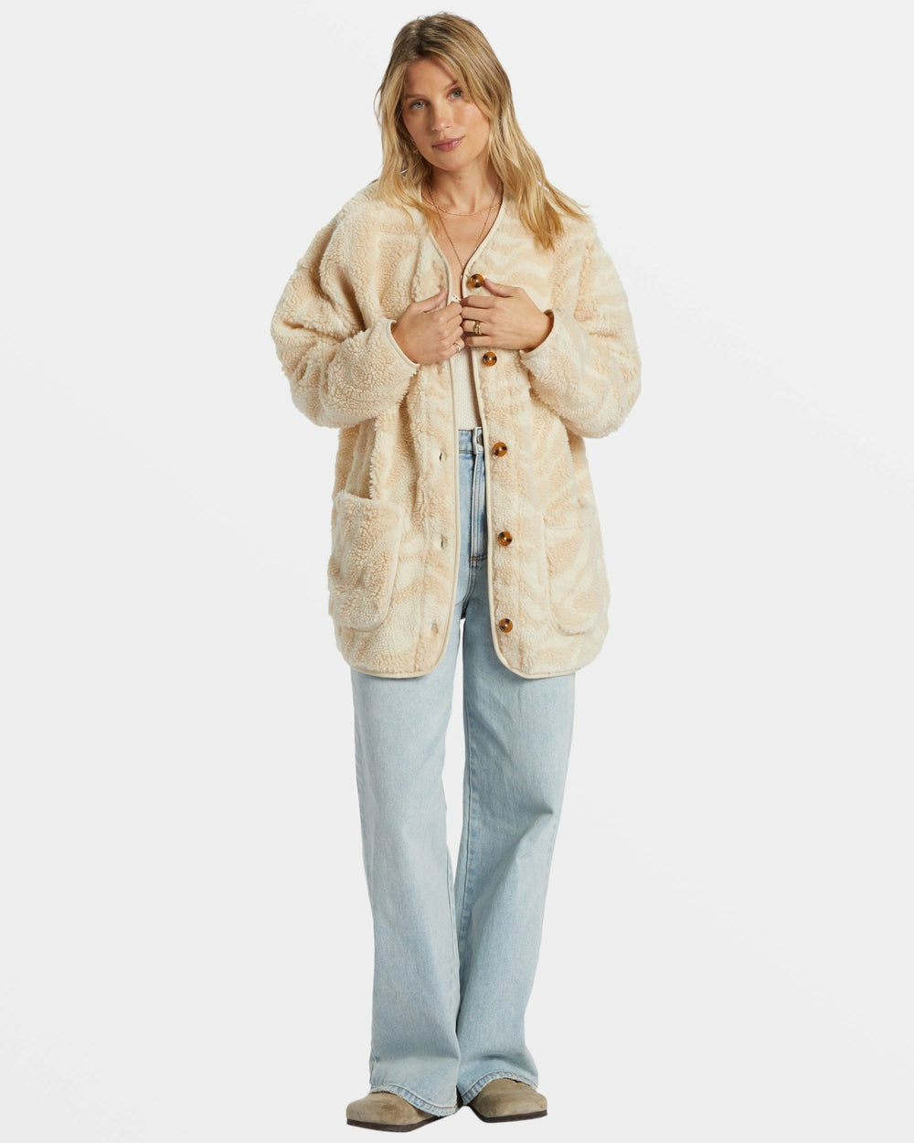 Fireside Cozy Buttoned Fleece Jacket - White Cap