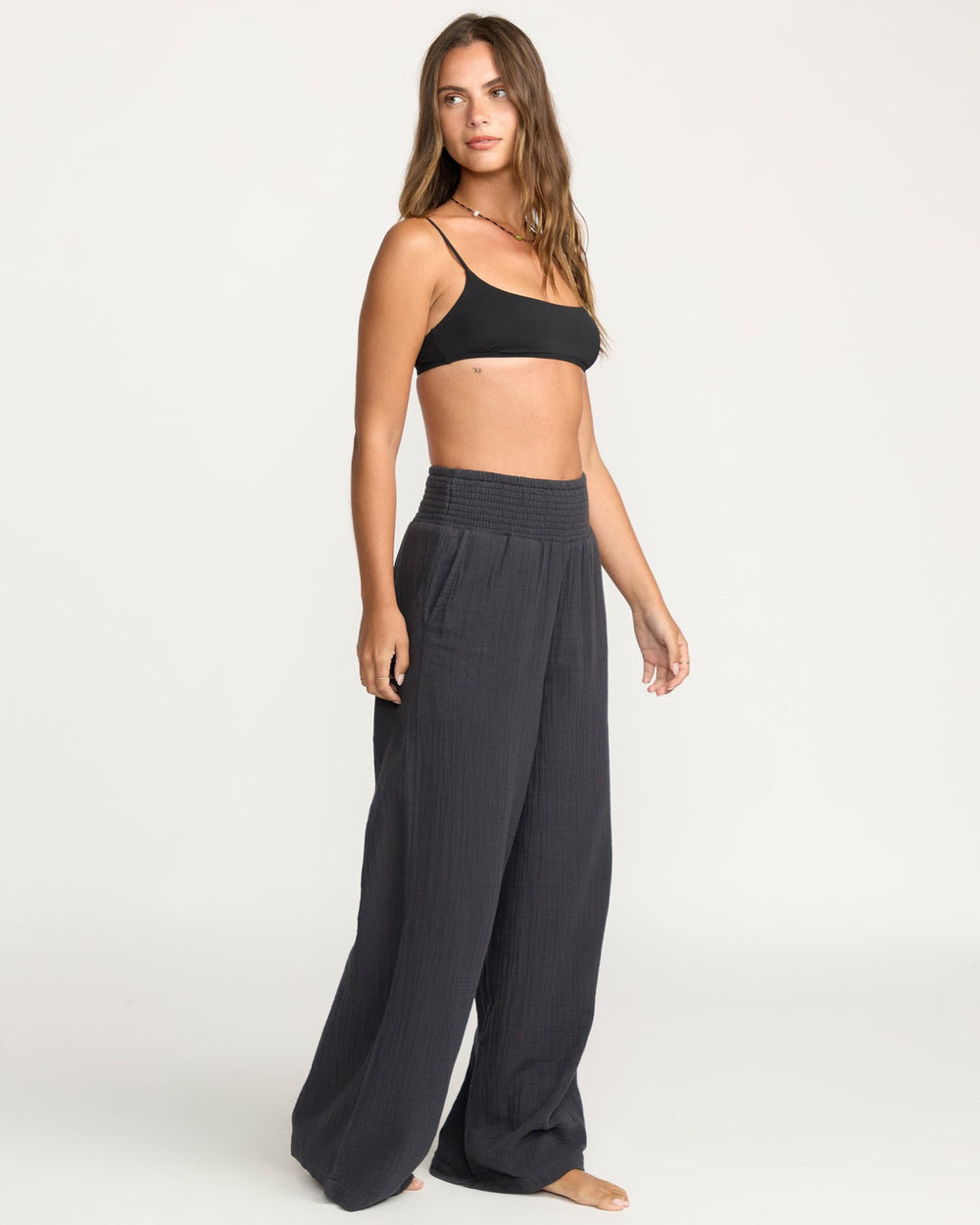 New Waves Gauze Elastic Waist Pants - Black Sands