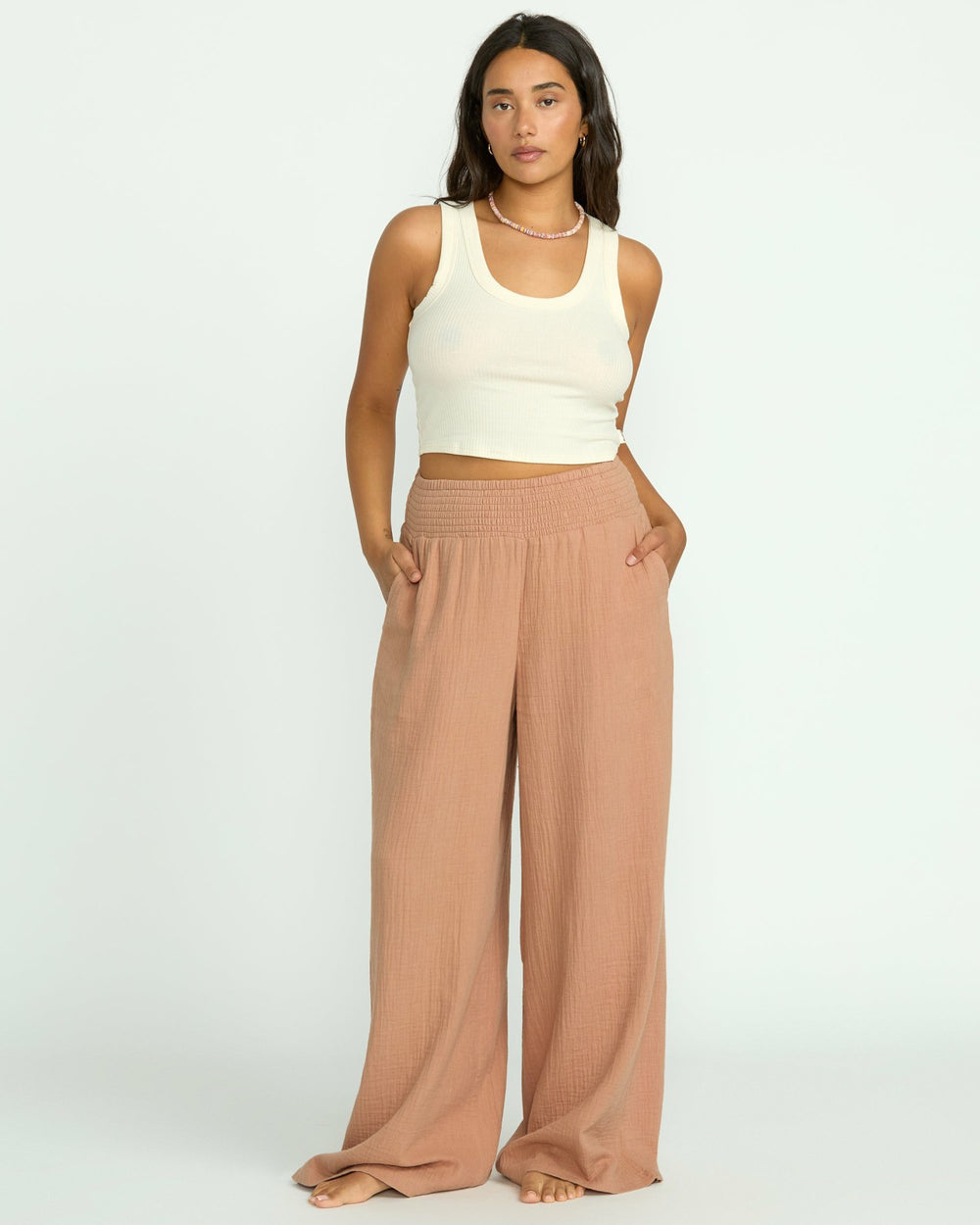 New Waves Gauze Elastic Waist Pants - Rose Brown